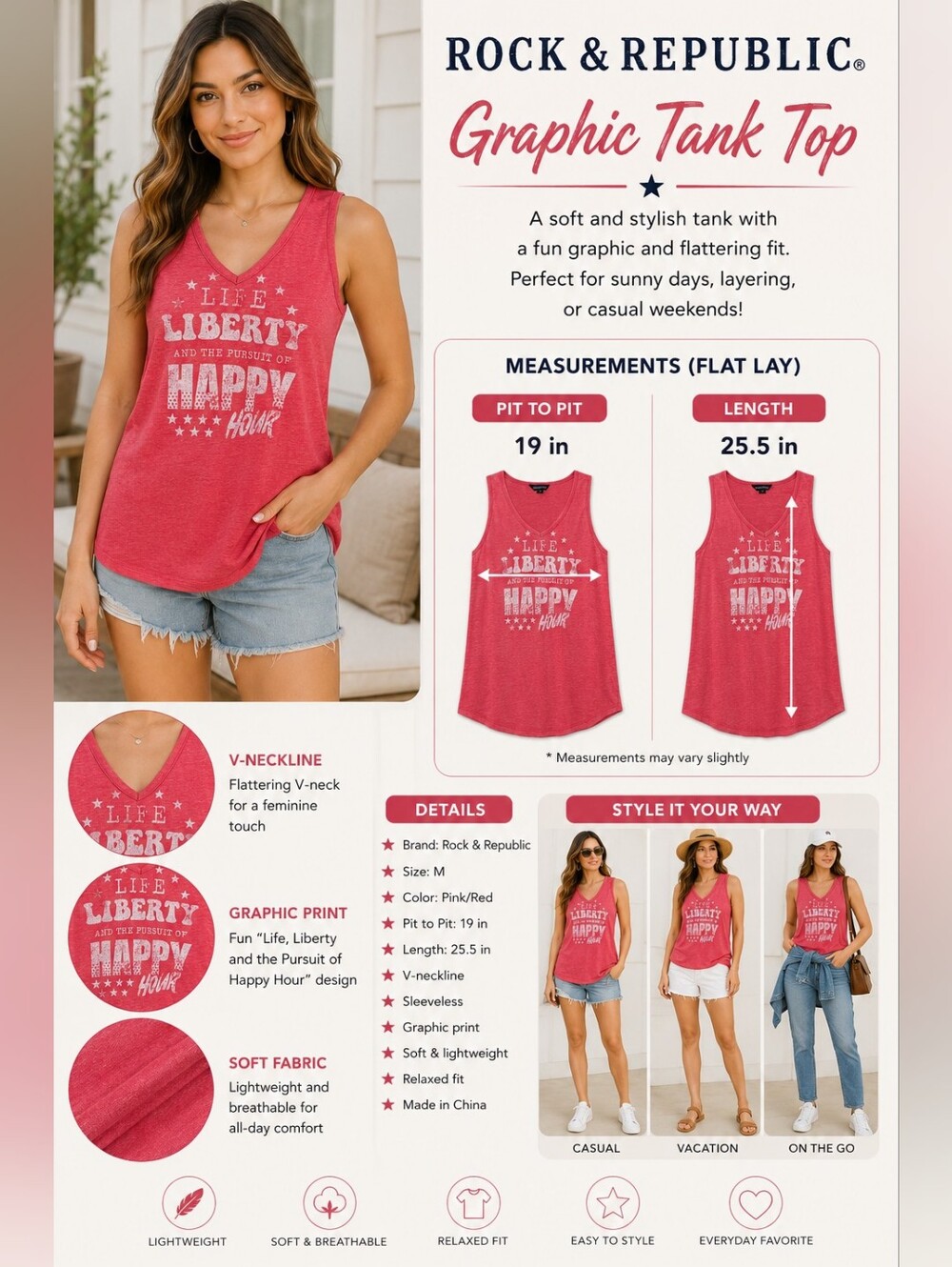 Rock & Republic Red/Pink V‑Neck Graphic Tank